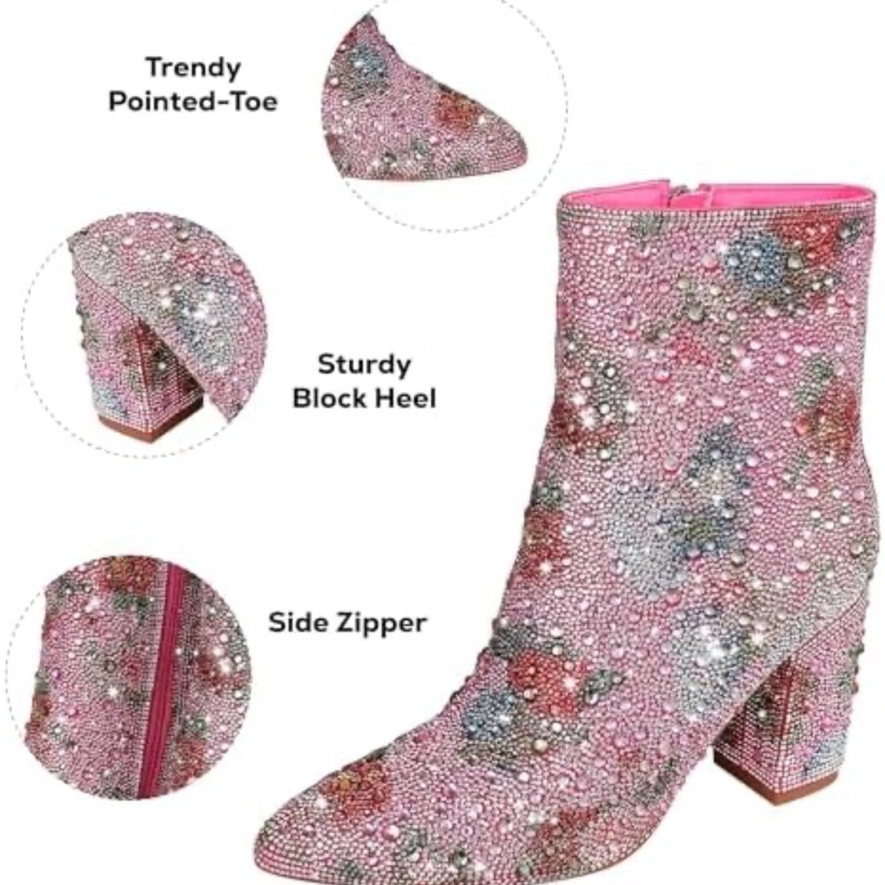 Pink Rhinestone Embellished Ankle Boots